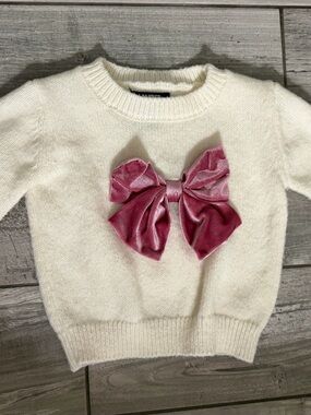 Lands' End Cream Knit Toddler Girls Pink Velvet Bow Sweater Coquette